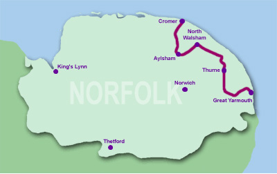 Map of Norfolk showing Weavers Way Walk